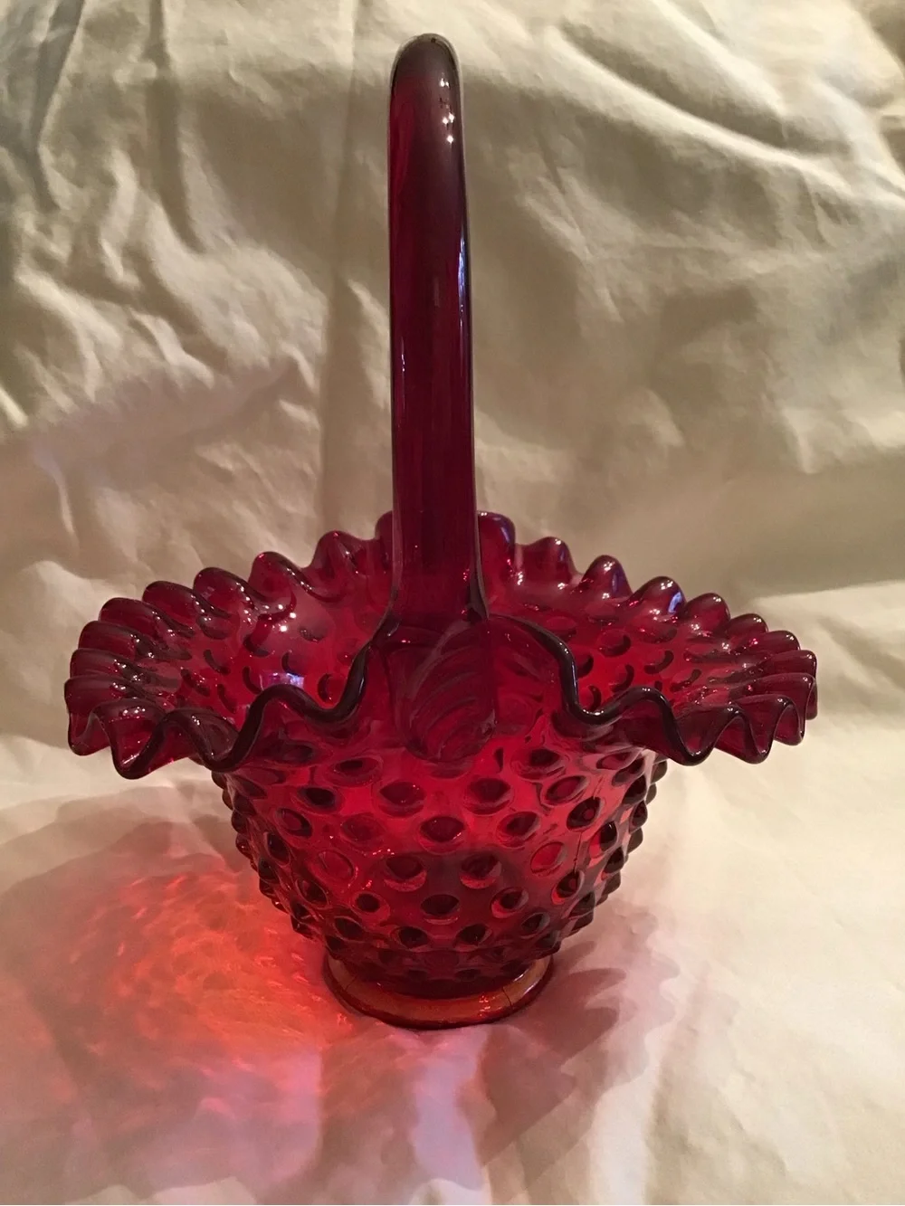Fenton Red Hobnail Glass Basket with Ruffled Edge